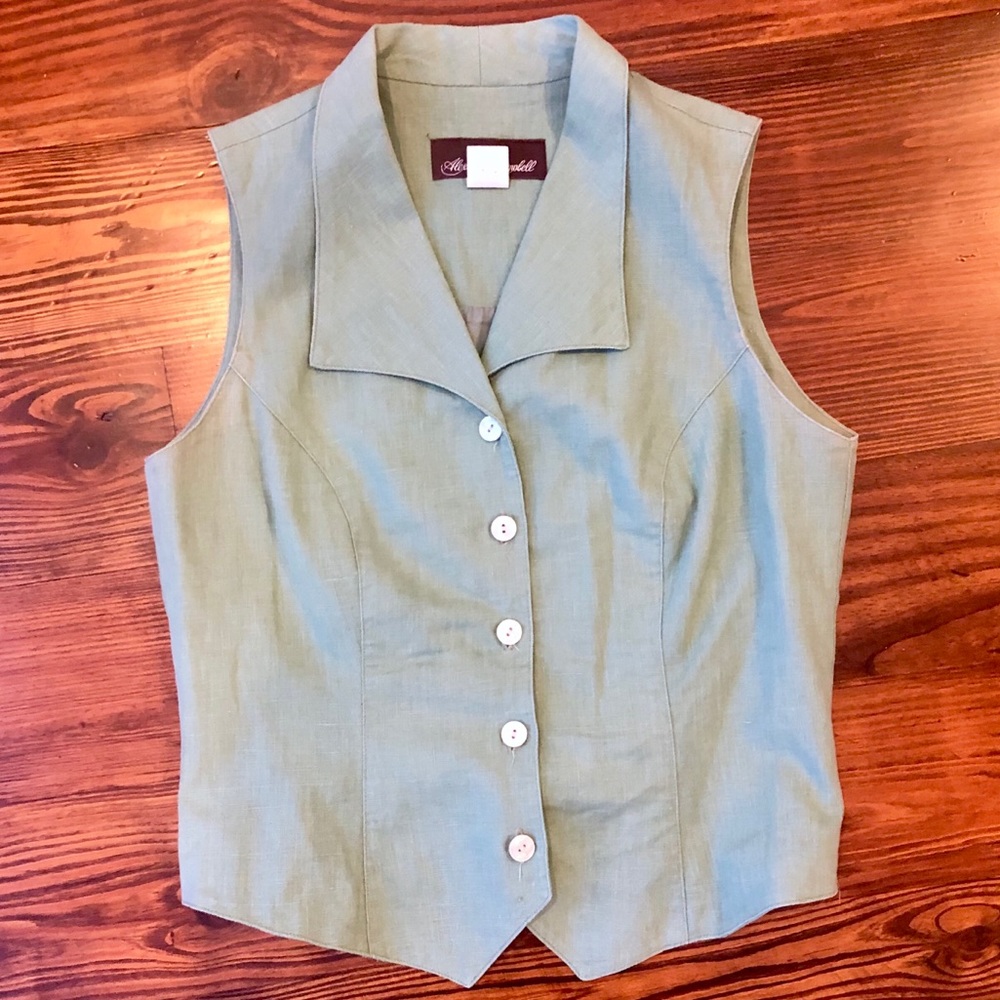 VTG Sage Linen Vest Sleeveless Top Button Down - Picture 1 of 7